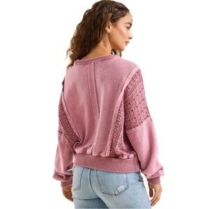 Altar’d State Maeve Ash Rose Pink Stone Washed Crochet Crewneck Sweater Size L